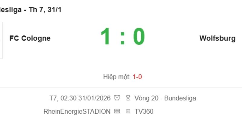 Kết Quả Bóng Đá FC Koln Vs Wolfsburg Ngày 31/01/2026 tôn vinh kỷ luật thép