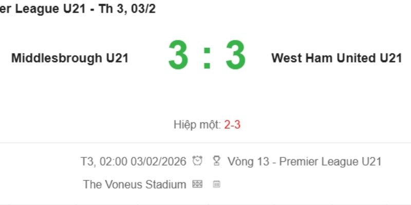 Kết Quả Bóng Đá Middlesbrough U21 Vs West Ham U21 Ngày 03/02/2026
