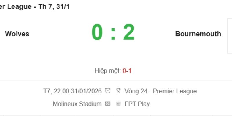 Kết Quả Bóng Đá Wolves Vs Bournemouth Ngày 31/01/2026 phản ánh sự hiệu quả